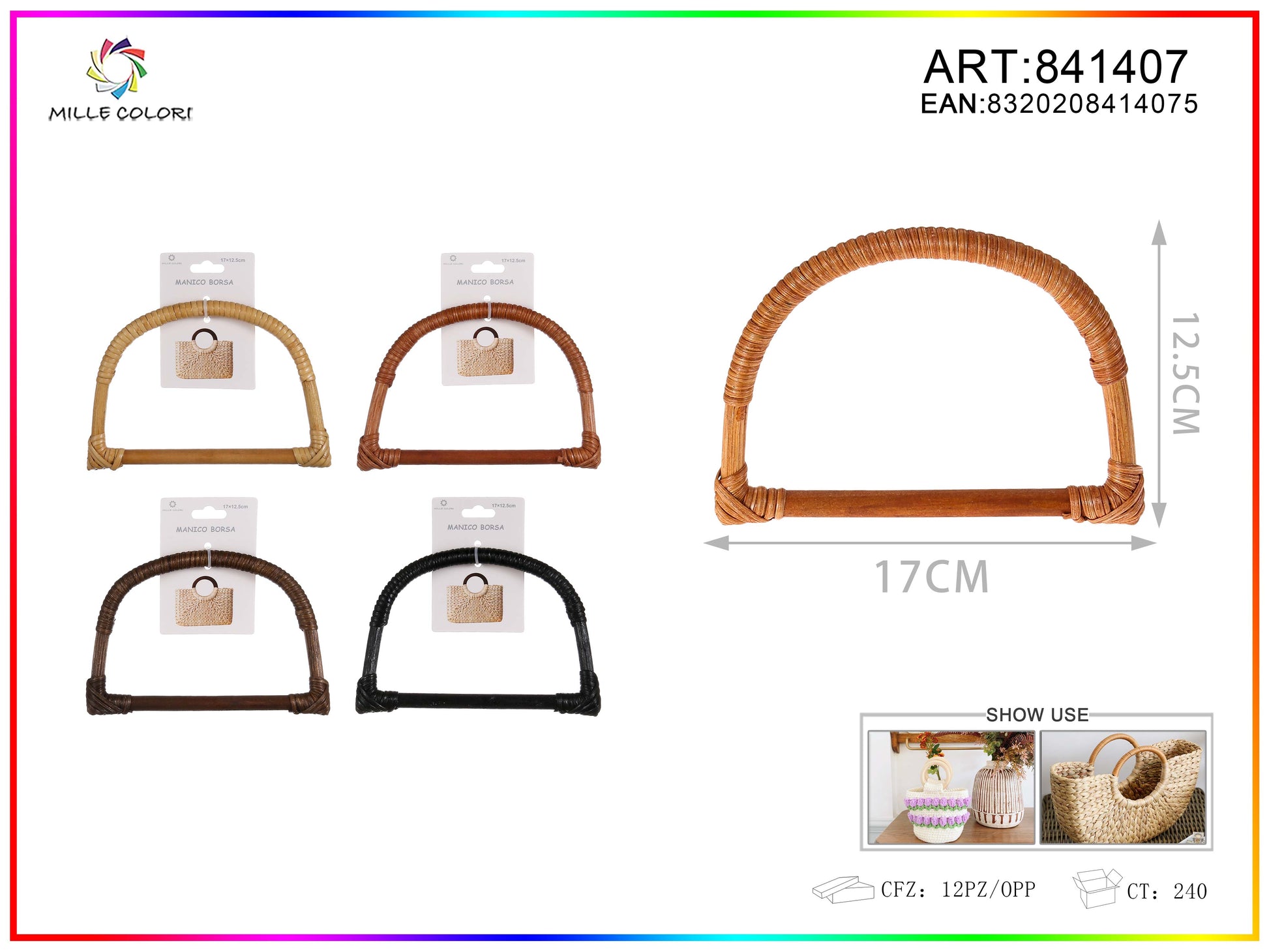 Manico per borsa semicircolare intrecciato con barra 17x12,5 cm Mille Colori per borse fai da te e handmade