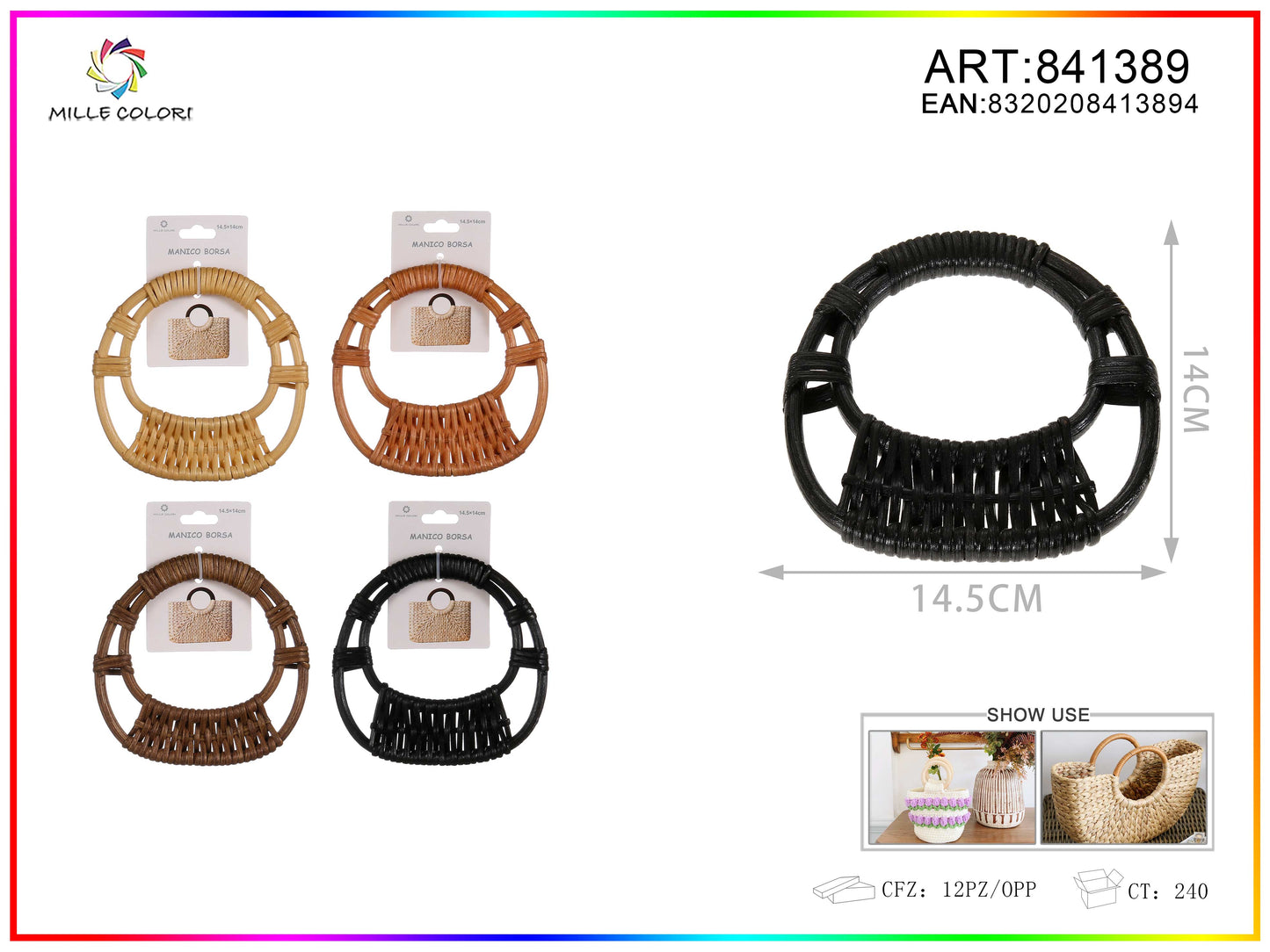 Manico per borsa tondo intrecciato 14,5x14 cm Mille Colori per borse fai da te e handmade
