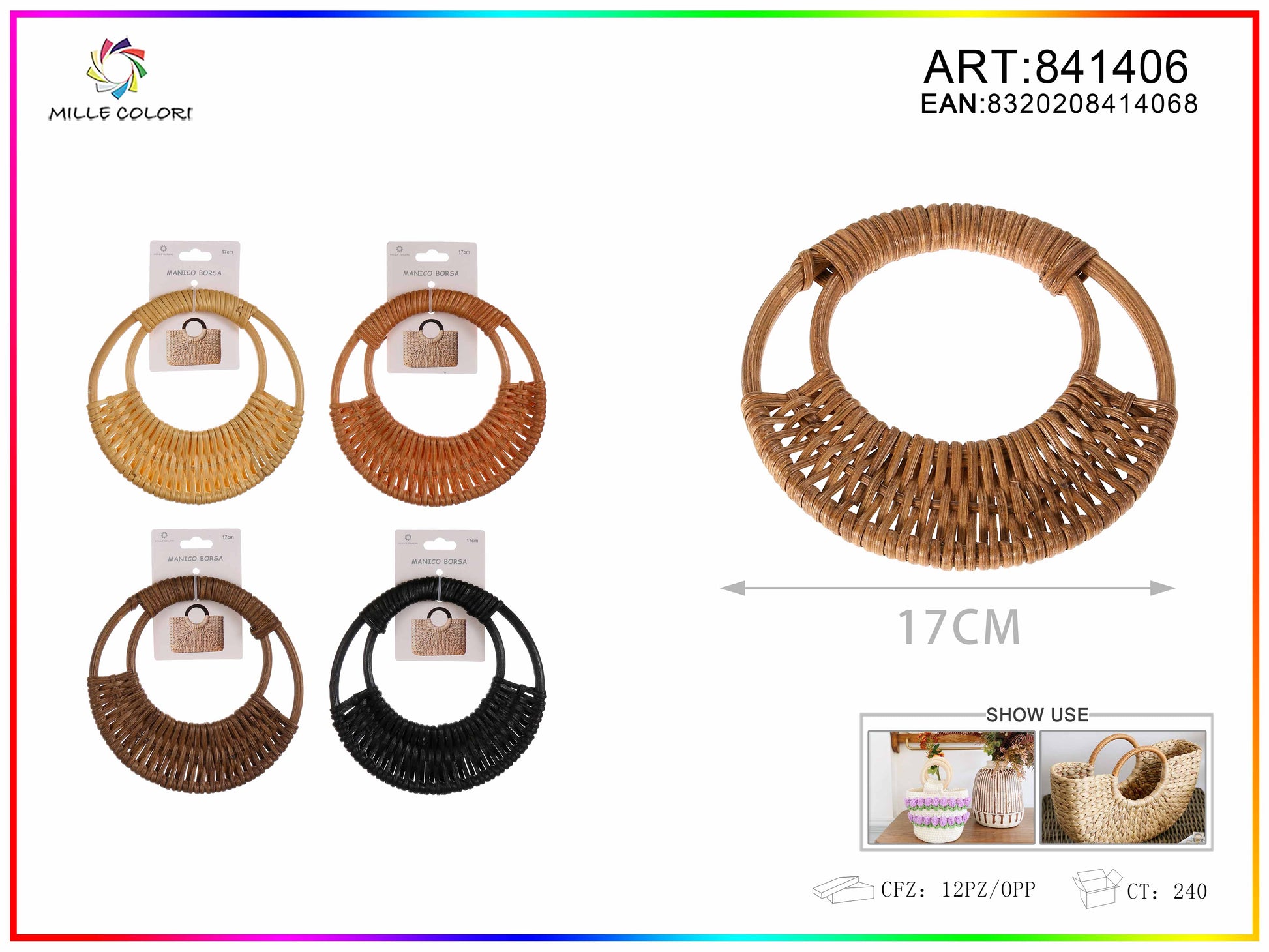 Manico per borsa tondo intrecciato 17 cm Mille Colori per borse fai da te e handmade