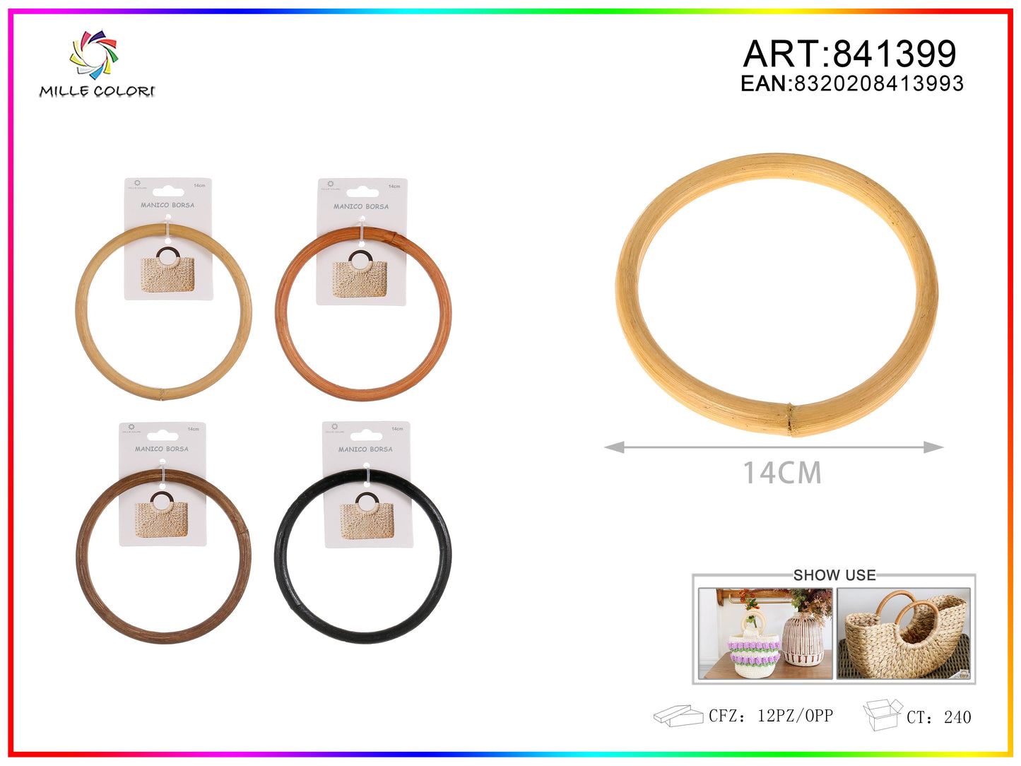 Manico per borsa tondo rivestito 14 cm Mille Colori per borse fai da te e handmade