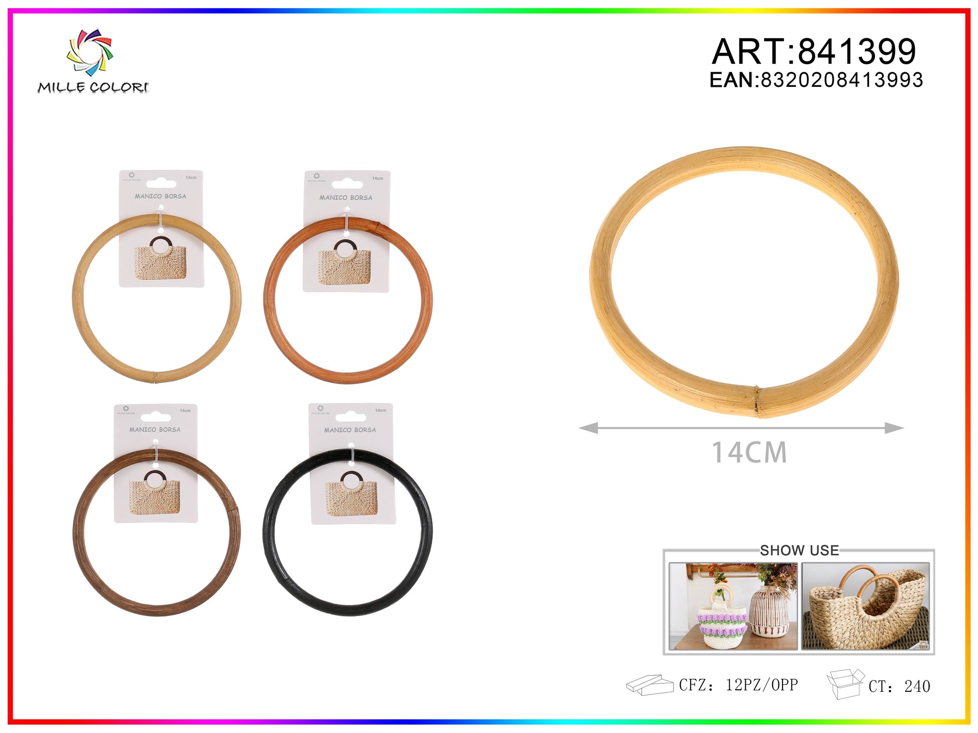 Manico per borsa tondo rivestito 14 cm Mille Colori per borse fai da te e handmade