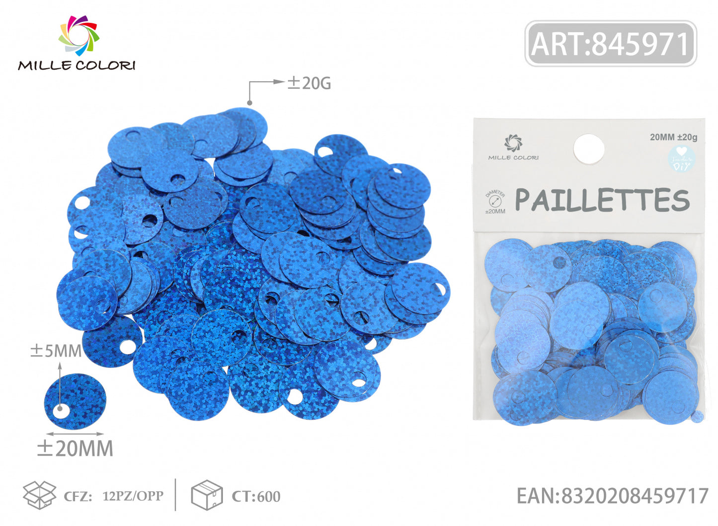 Paillettes tonde blu olografiche 20mm Mille Colori per borse fai da te e decorazioni handmade