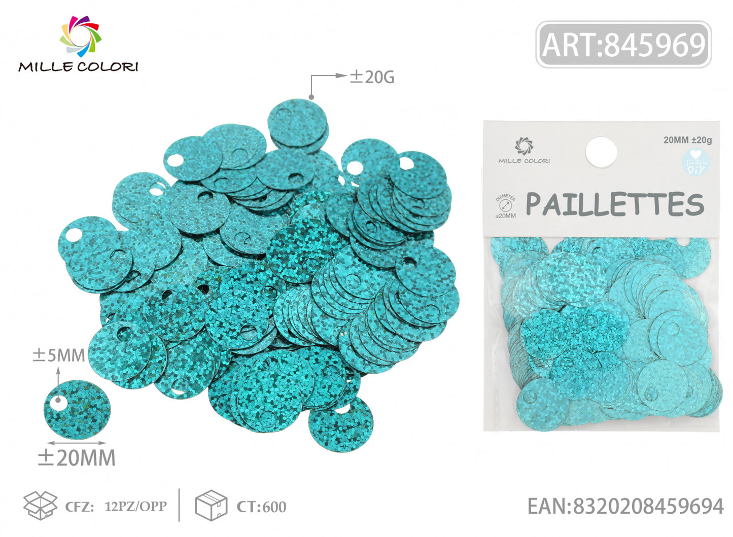 Paillettes tonde turchese olografiche 20mm Mille Colori per borse fai da te e decorazioni handmade