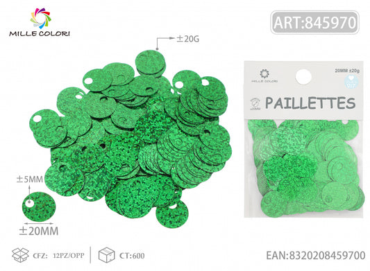 Paillettes tonde verdi olografiche 20mm Mille Colori per borse fai da te e decorazioni handmade
