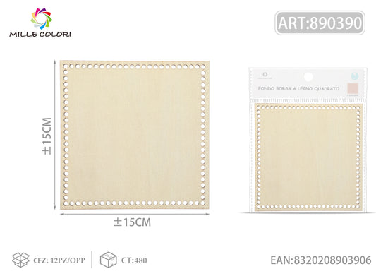 Piccolo fondo quadrato in legno 15x15cm per borse artigianali, prodotto originale brand Mille Colori.