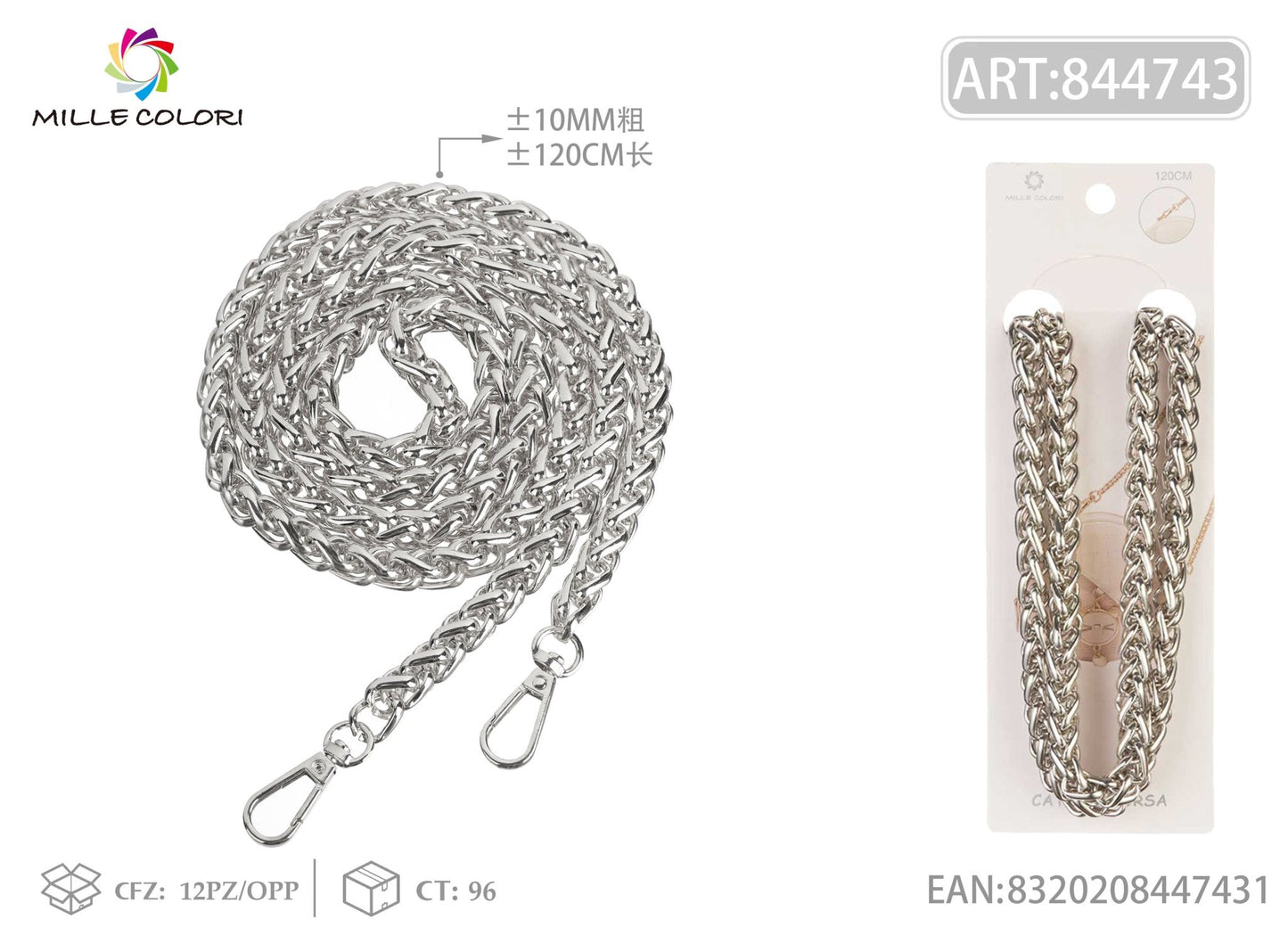 Catena dorata per borsa in metallo intrecciato 120CM 10MM Argento Mille Colori colori