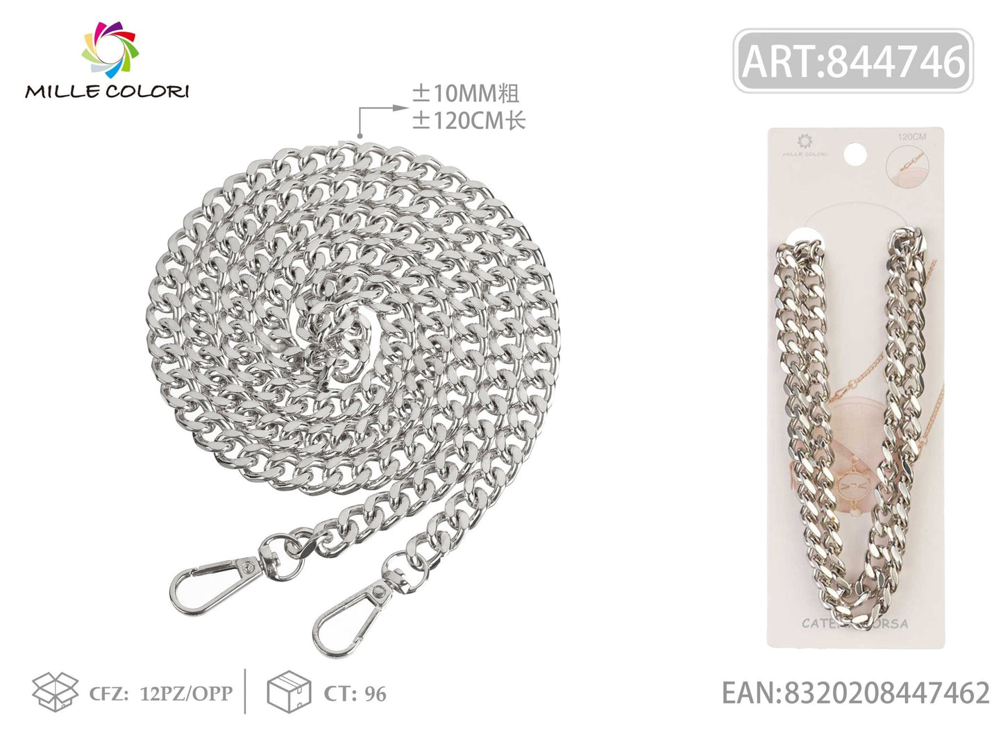 Catena dorata per borsa a maglia piatta 120CM 10MM Argento Mille Colori
