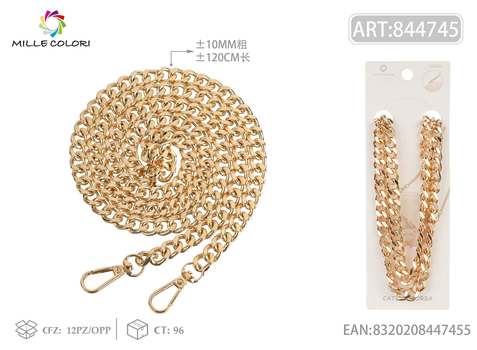 Catena dorata per borsa a maglia piatta 120CM 10MM Oro Mille Colori
