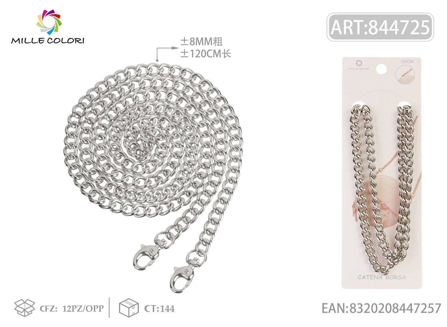 Catena per borsa in metallo dorato 120CM 8MM argento con moschettoni Mille Colori