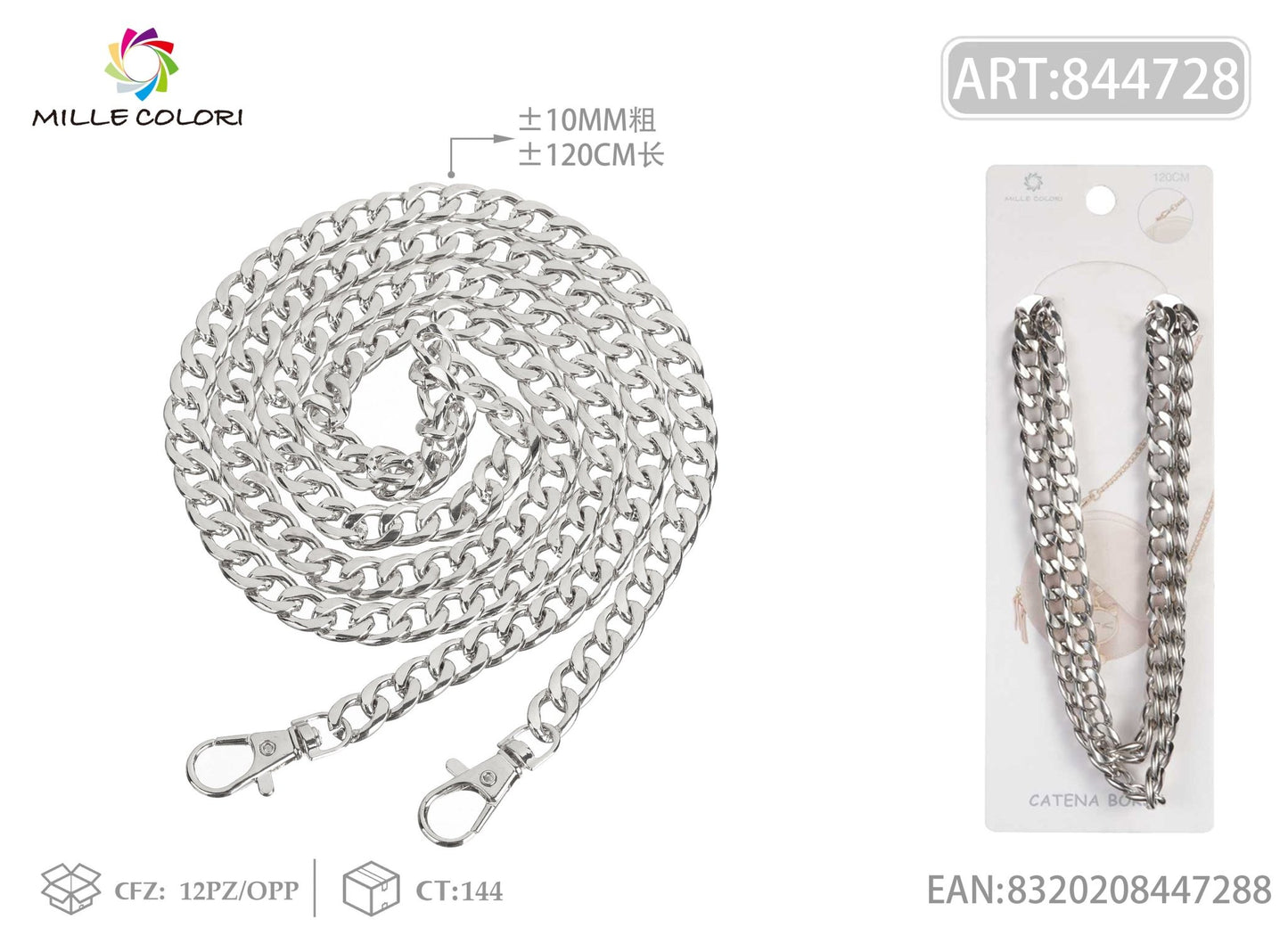 Catena per borsa in metallo dorato 120CM 10MM argento con moschettoni Mille Colori
