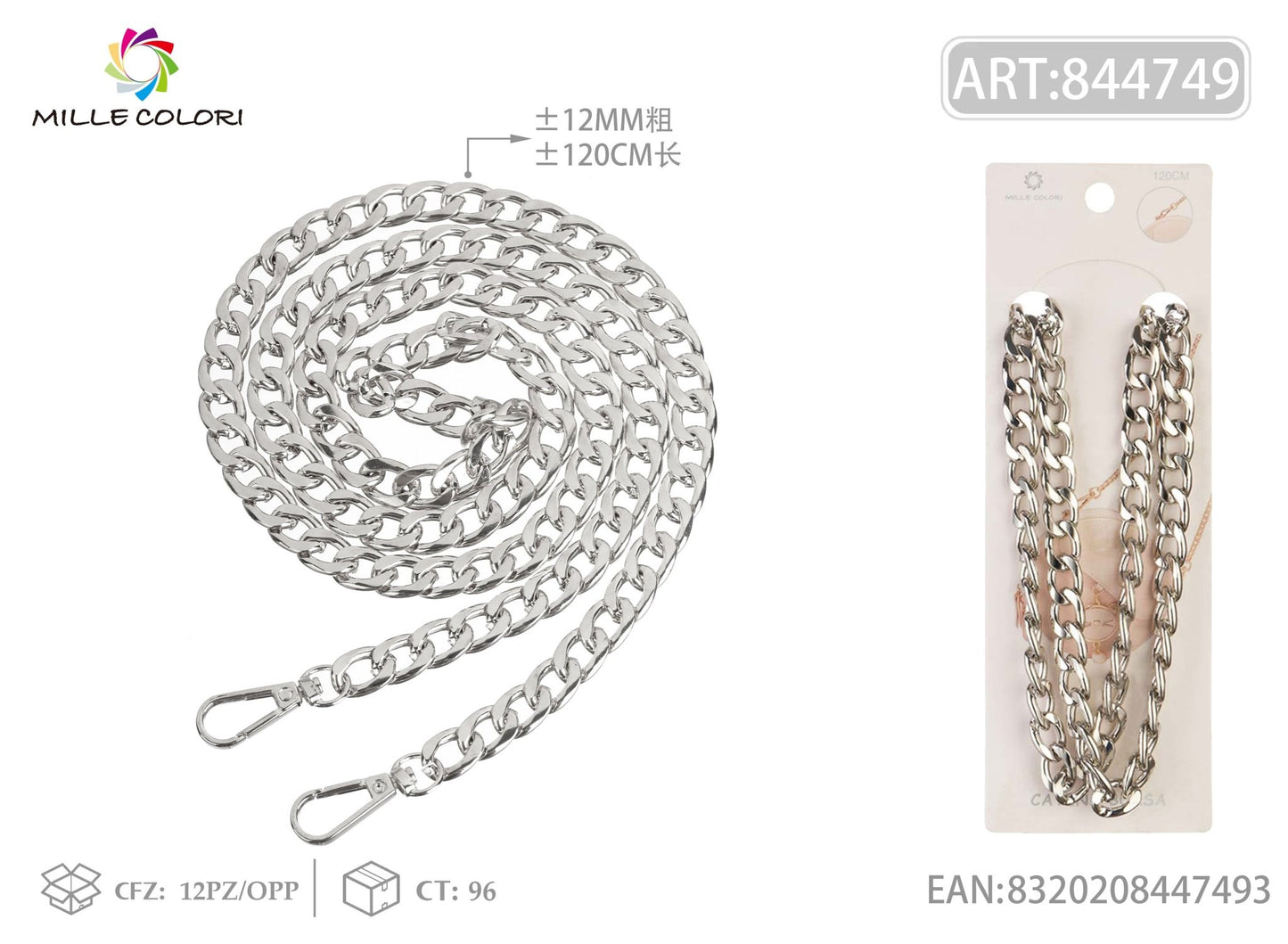 Catena per Borsa in Metallo Dorato Tracolla Oversize con Moschetton argento- 120cm/12mm - WE MAKE DIY - MILLE COLORI