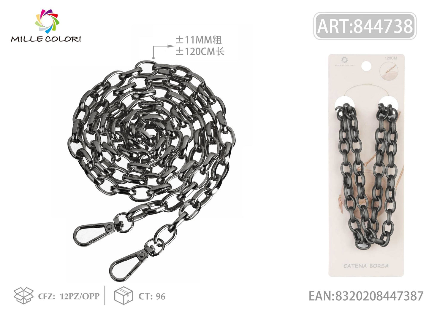 Catena per borsa in metallo dorato con moschettoni 120CM 11MM nero Mille Colori