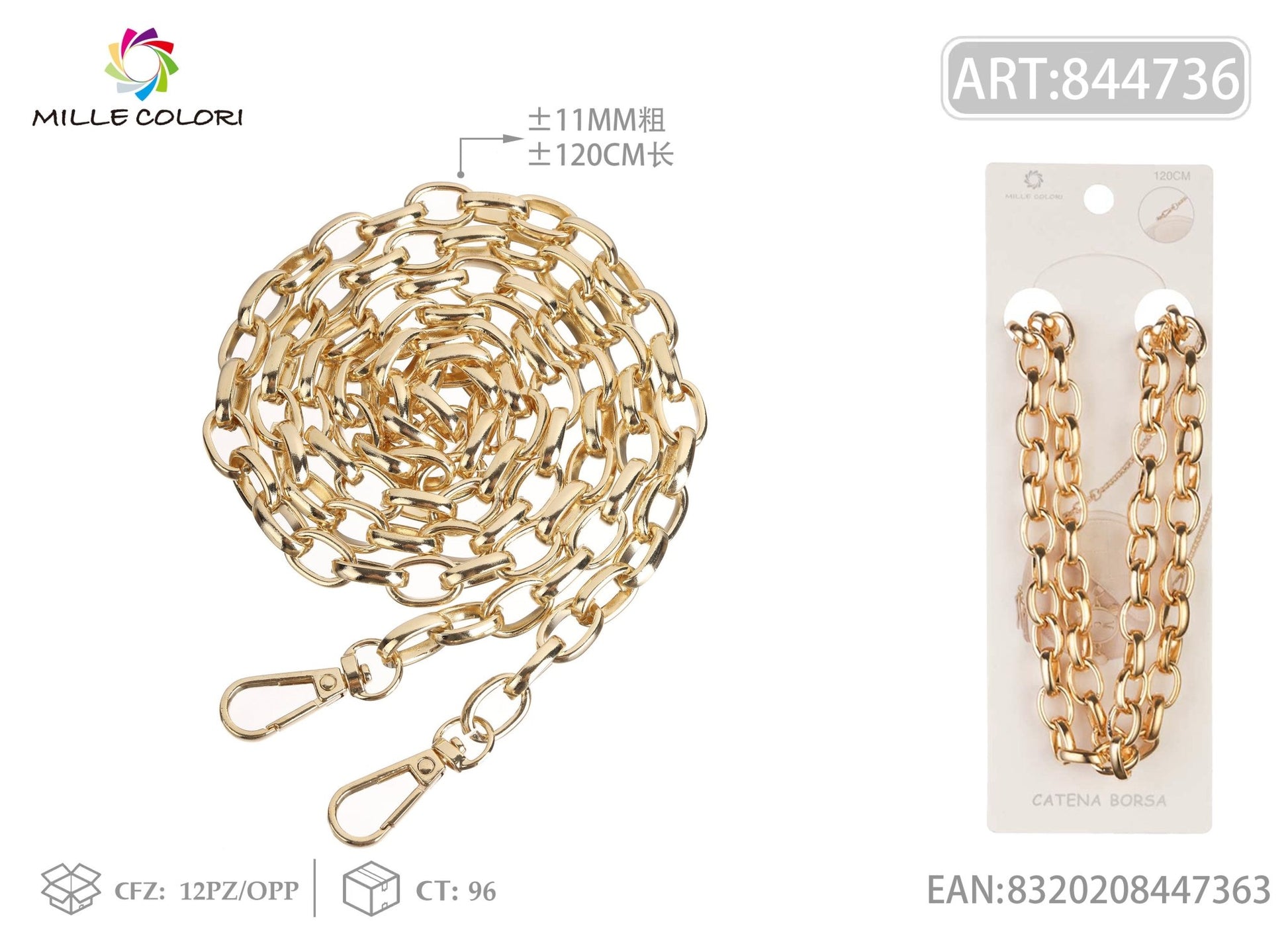 Catena per borsa in metallo dorato con moschettoni 120CM 11MM oro Mille Colori
