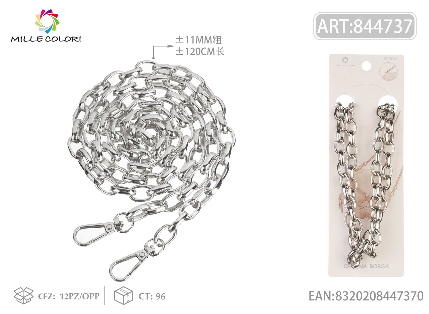 Catena per borsa in metallo dorato con moschettoni 120CM 11MM argento Mille Colori