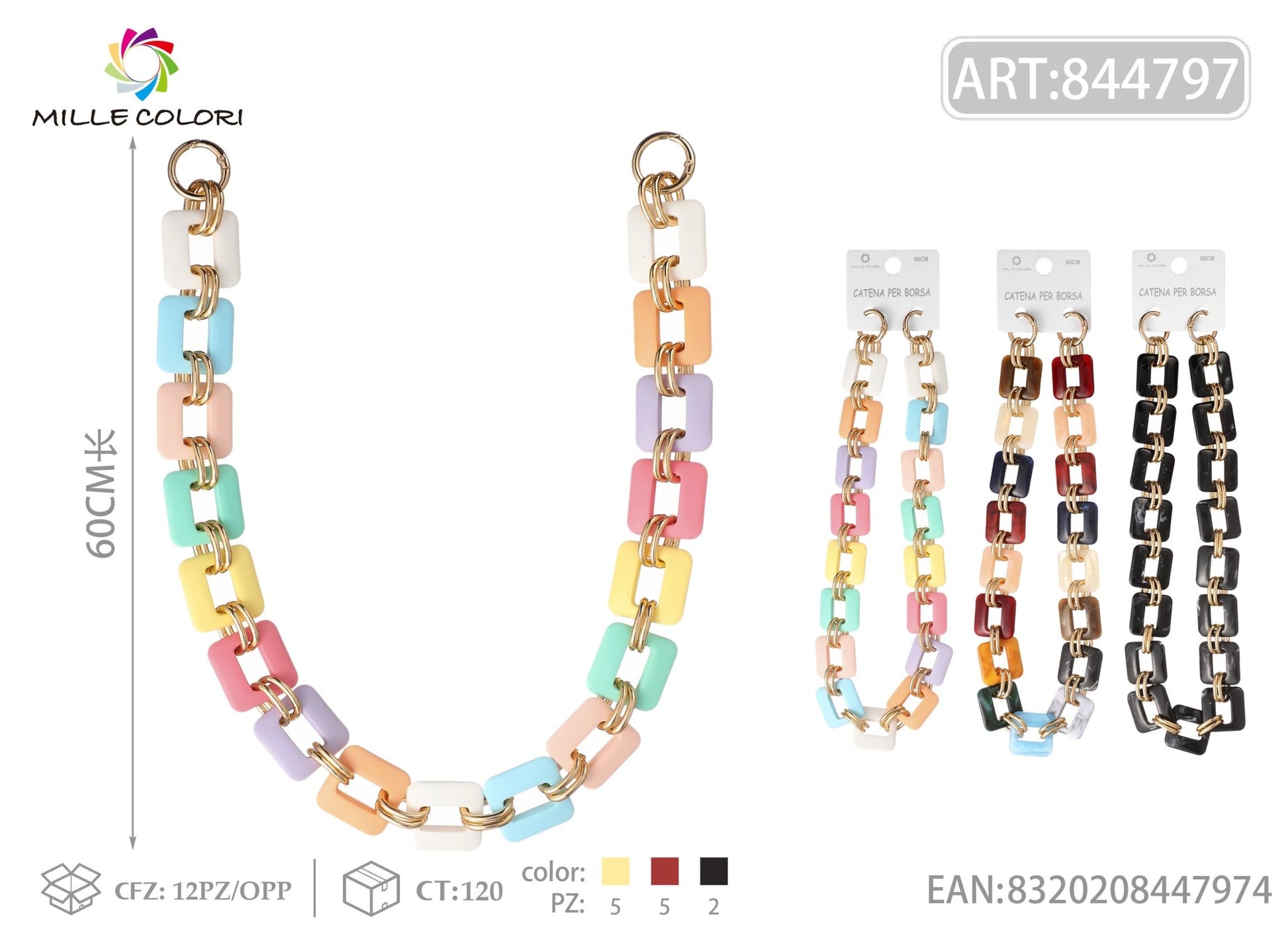Catena per Borsa Maglie Rettangolari in Acrilico Colorato colori tutti– 60CM - WE MAKE DIY - MILLE COLORI