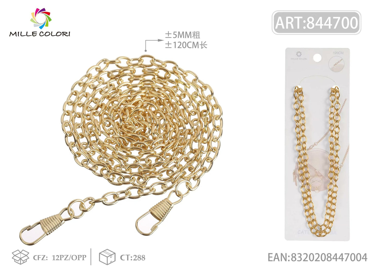 Catena dorata per borsa con maglie spesse 120CM 5MM oro Mille Colori