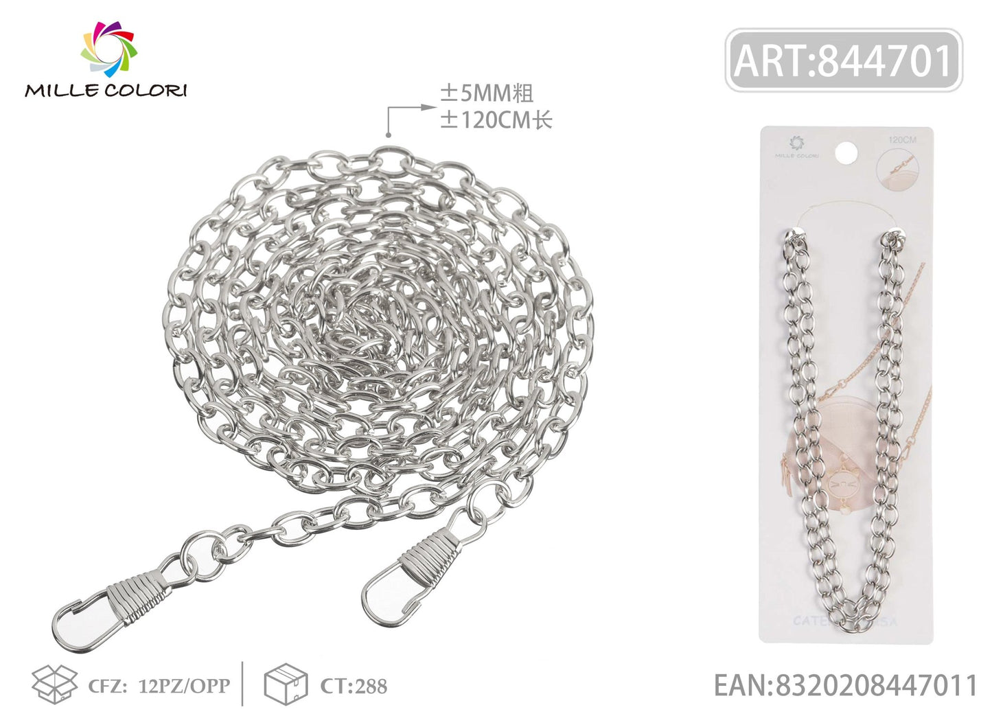 Catena dorata per borsa con maglie spesse 120CM 5MM argento Mille Colori