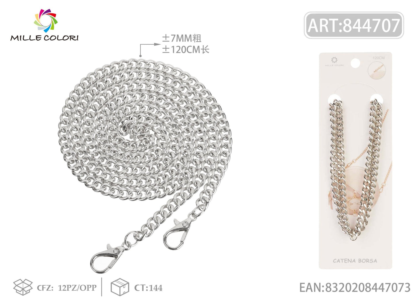 Catena per borsa in metallo dorato 120CM 7MM argento con moschettoni Mille Colori