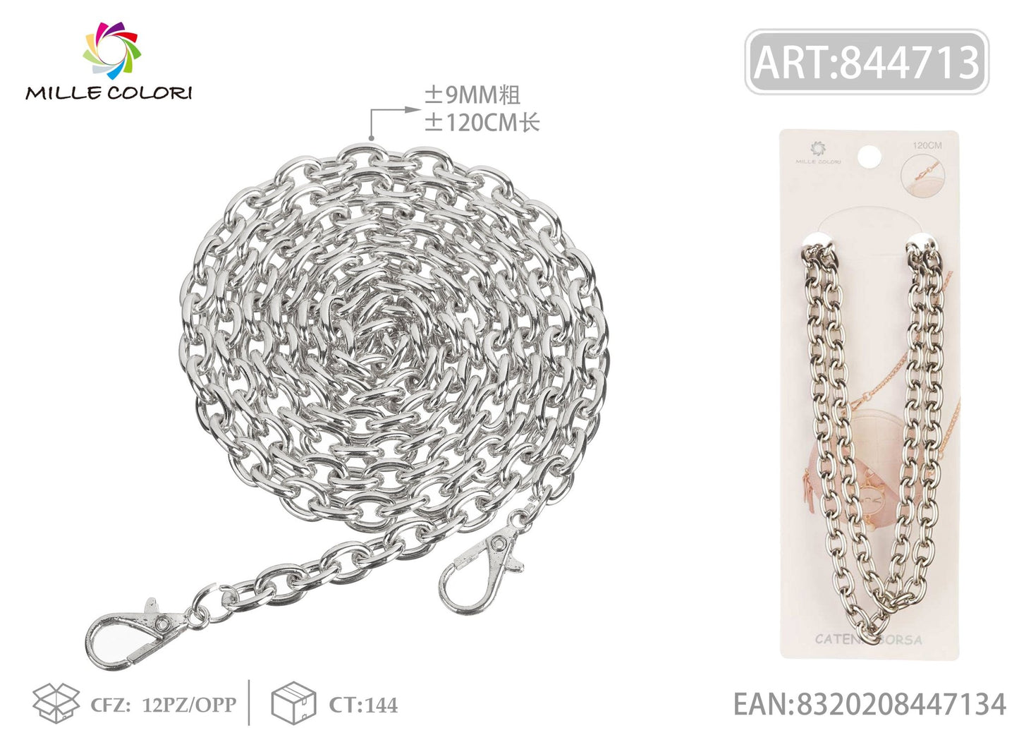 Catena per borsa in metallo dorato argento 120CM 9MM con moschettoni Mille Colori