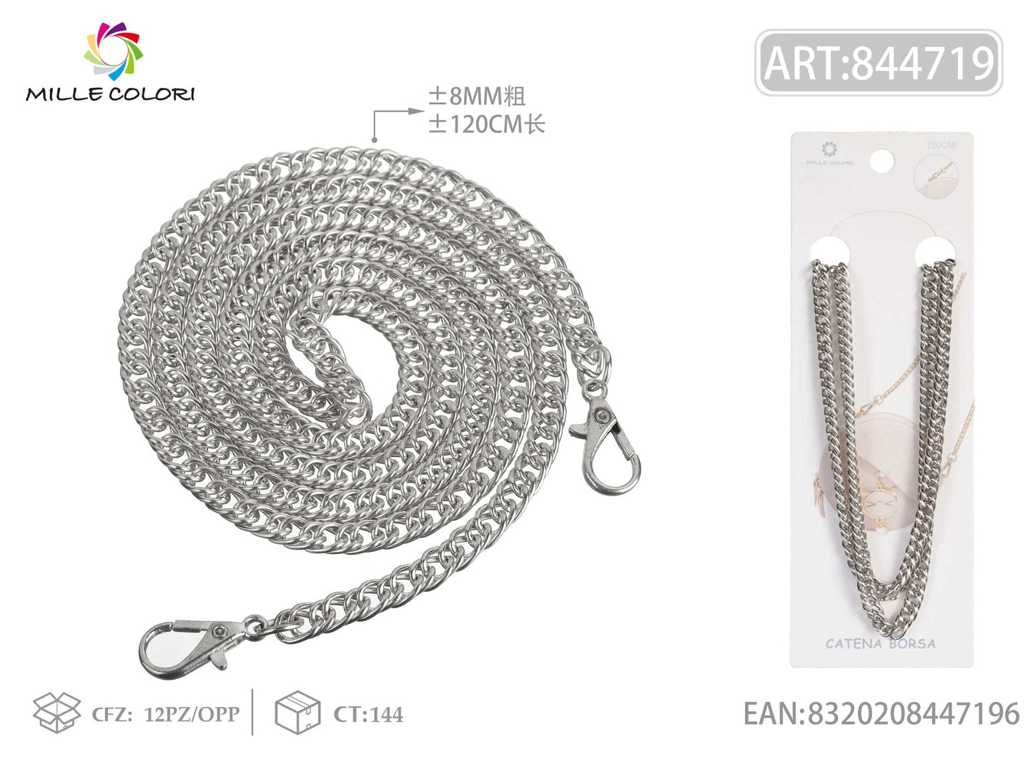 Catena per borsa in metallo dorato argento con maglia fitta 120CM 8MM Mille Colori