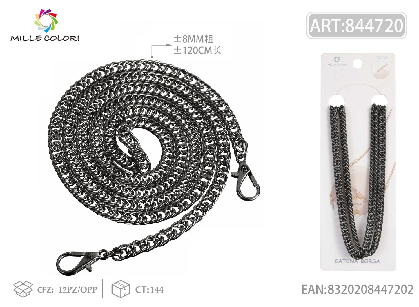Catena per borsa in metallo dorato nero con maglia fitta 120CM 8MM Mille Colori