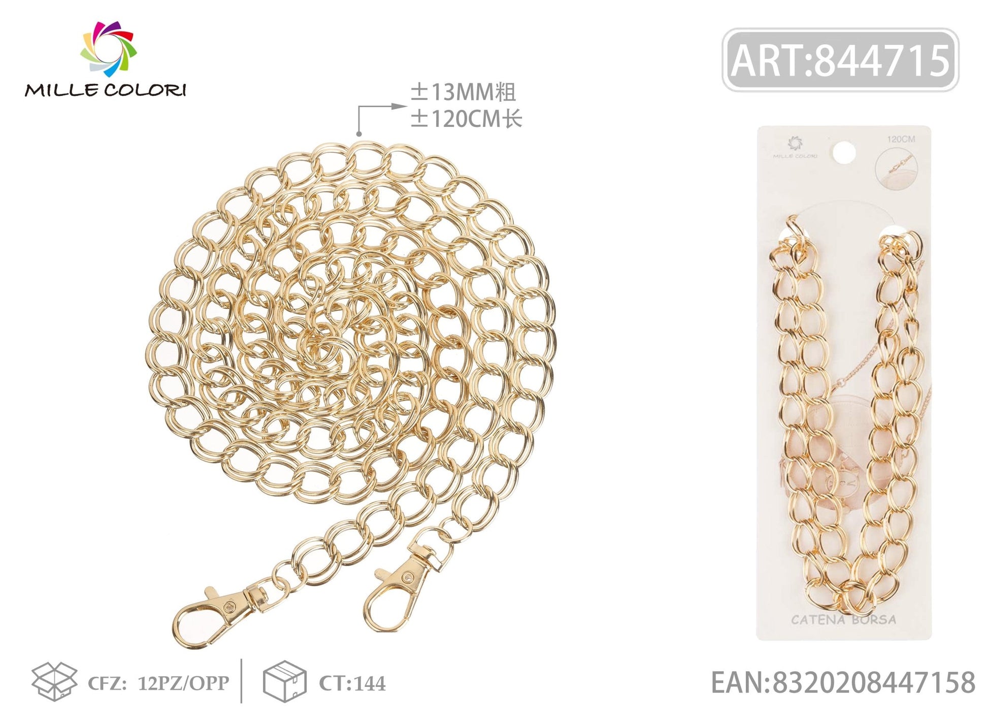 Catena per borsa in metallo dorato XXL 120CM 13MM oro con moschettoni Mille Colori