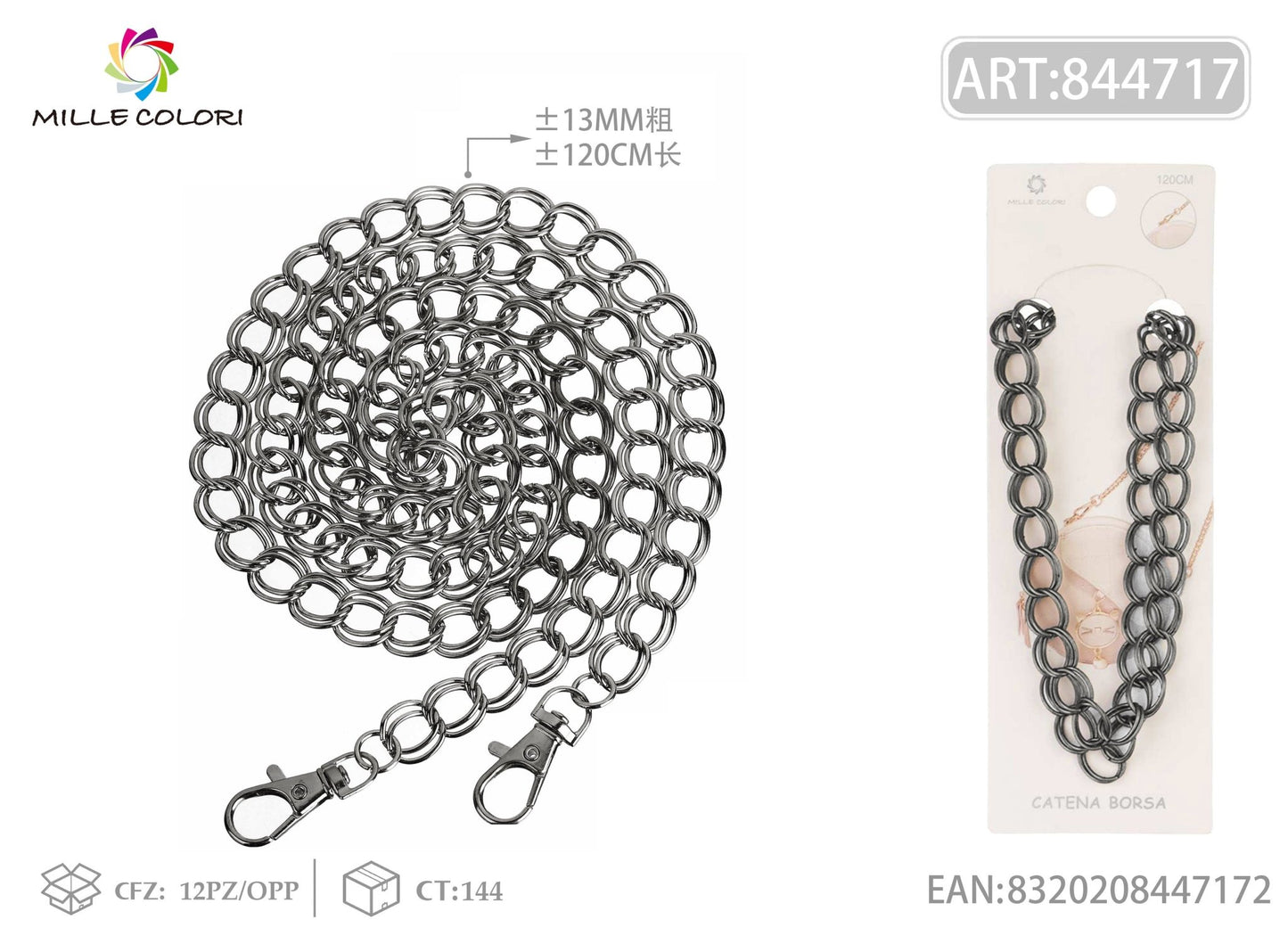 Catena per borsa in metallo dorato XXL 120CM 13MM nero con moschettoni Mille Colori