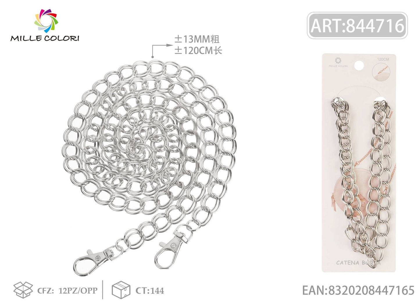 Catena per borsa in metallo dorato XXL 120CM 13MM argento con moschettoni Mille Colori
