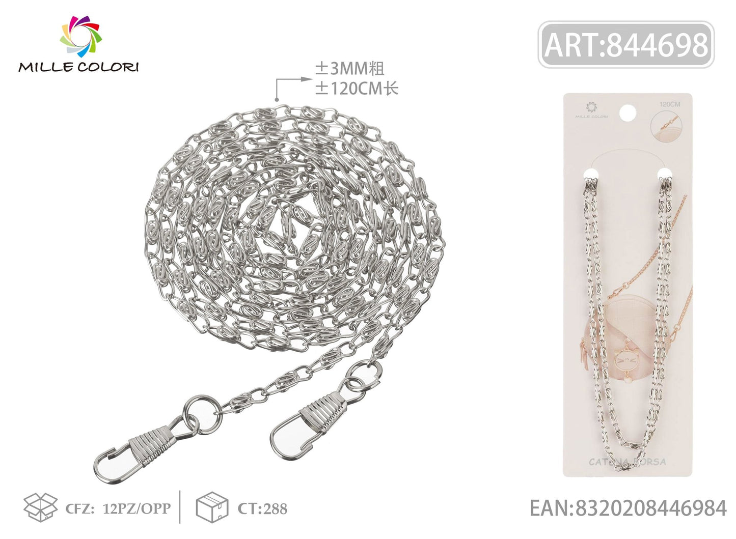 Catena per borsa in metallo dorato argento 120CM 3MM con moschettoni Mille Colori