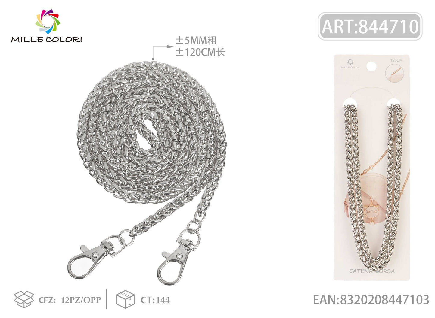 Catena per borsa in metallo dorato argento intrecciato 120CM 5MM con moschettoni Mille Colori