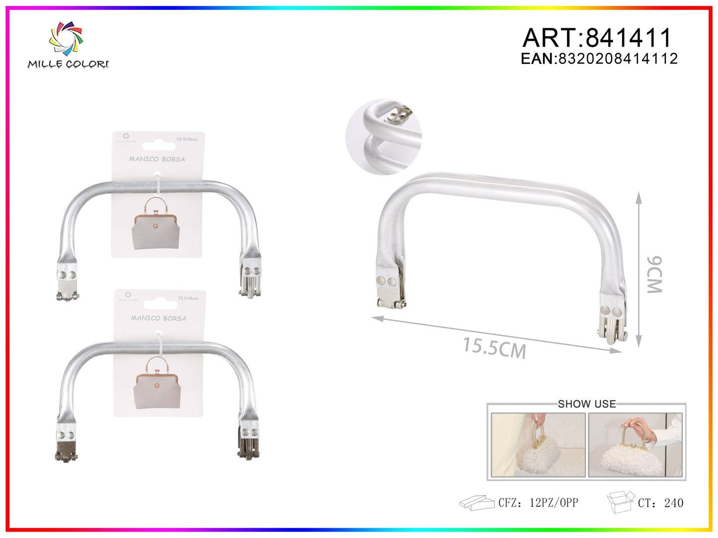 Chiusura a molla per clutch in metallo con manico 15,5x9CM - WE MAKE DIY - MILLE COLORI
