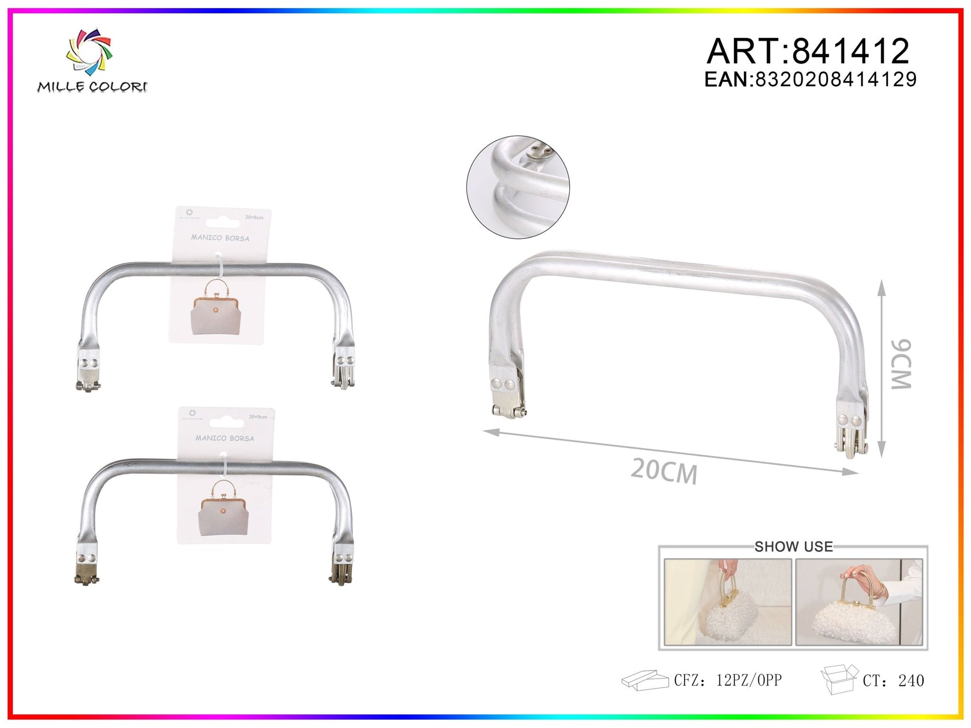 Chiusura a molla per clutch in metallo con manico 20x9CM - WE MAKE DIY - MILLE COLORI