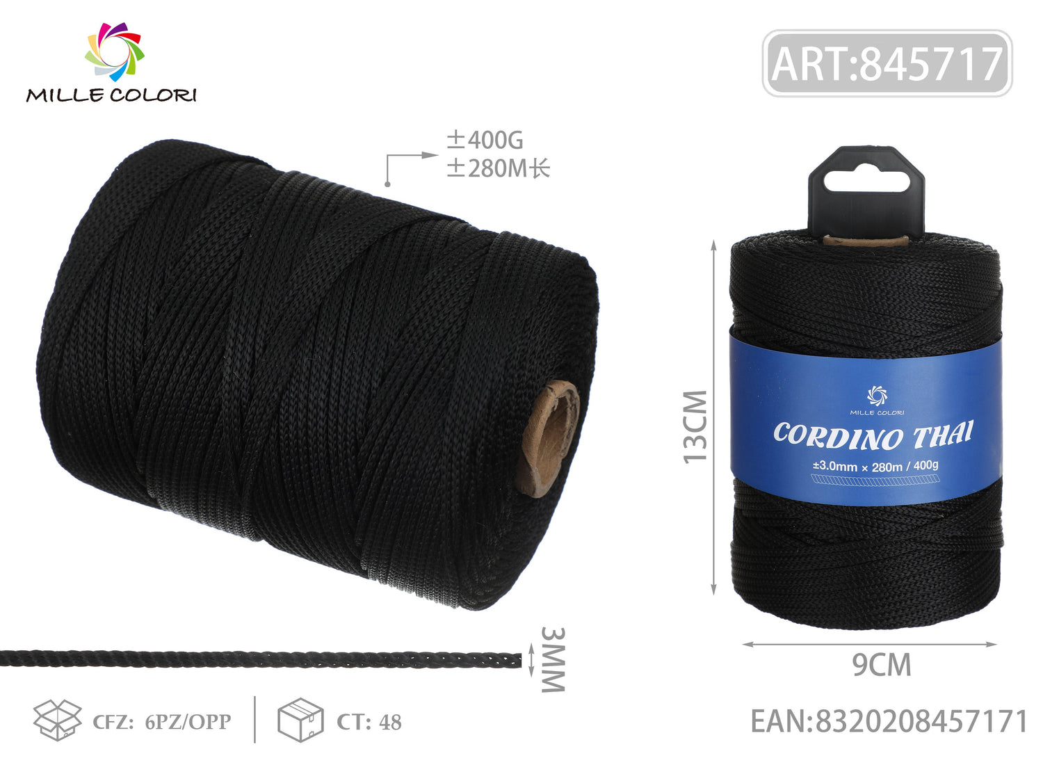 Cordino Thai 3 mm nero 300 m 400 g per borse all'uncinetto Mille Colori