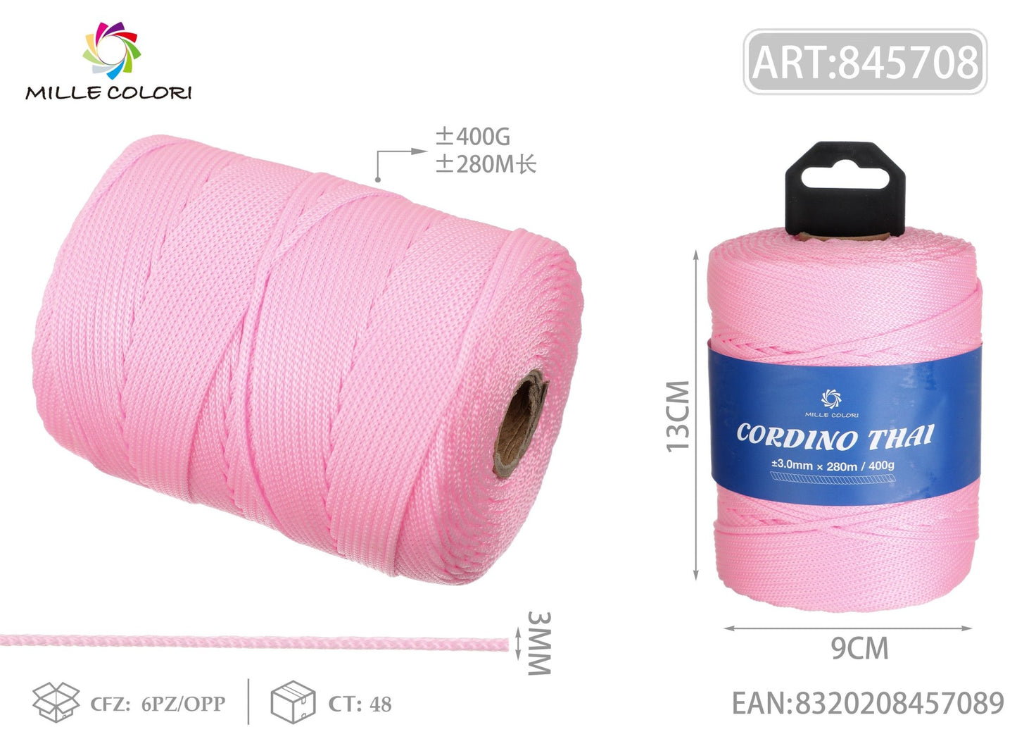 CORDINO THAI ROSA 3MM 300M 400G - MILLE COLORI - WE MAKE DIY - MILLE COLORI