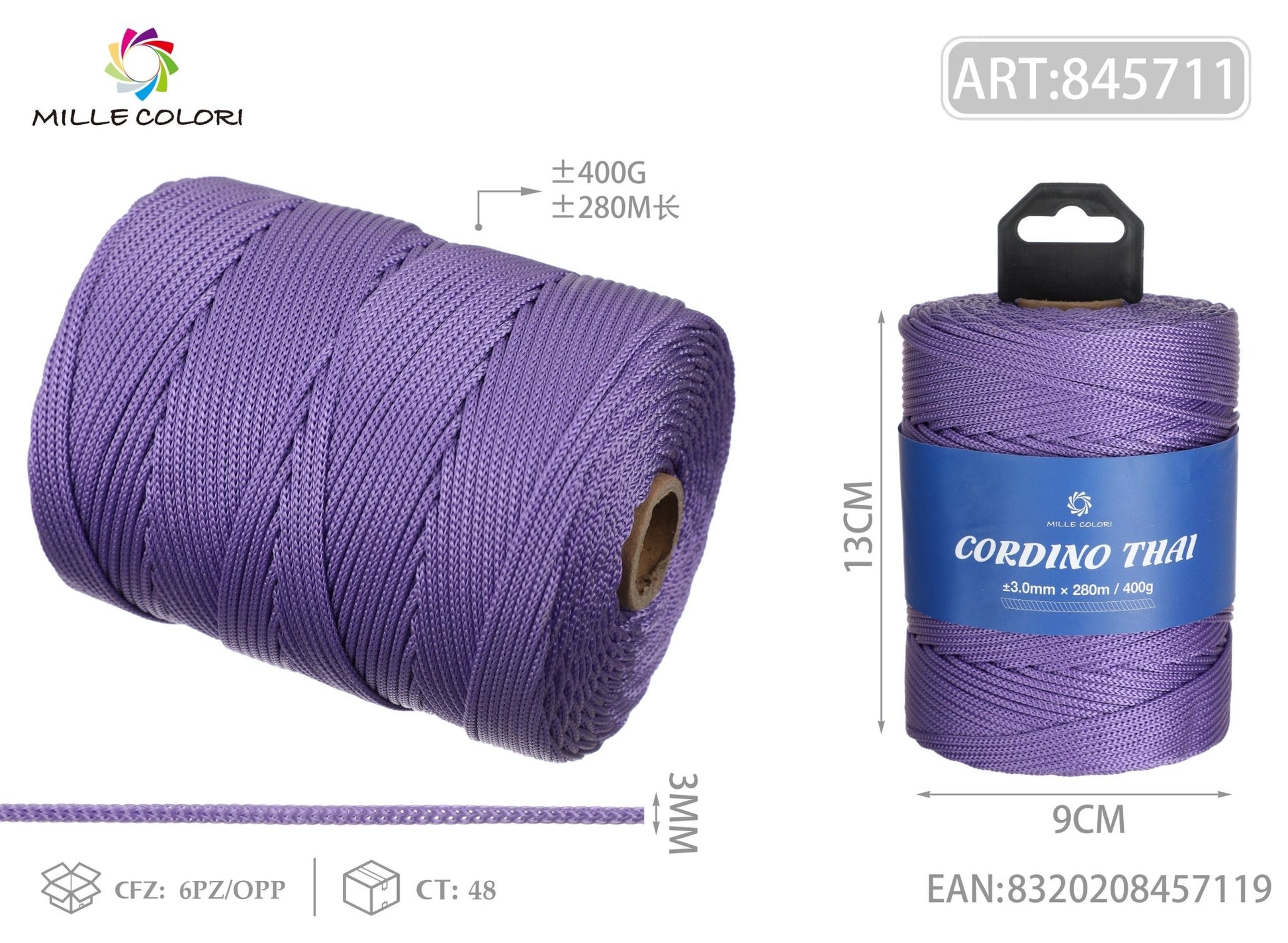 CORDINO THAI VIOLA 3MM 300M 400G - MILLE COLORI - WE MAKE DIY - MILLE COLORI