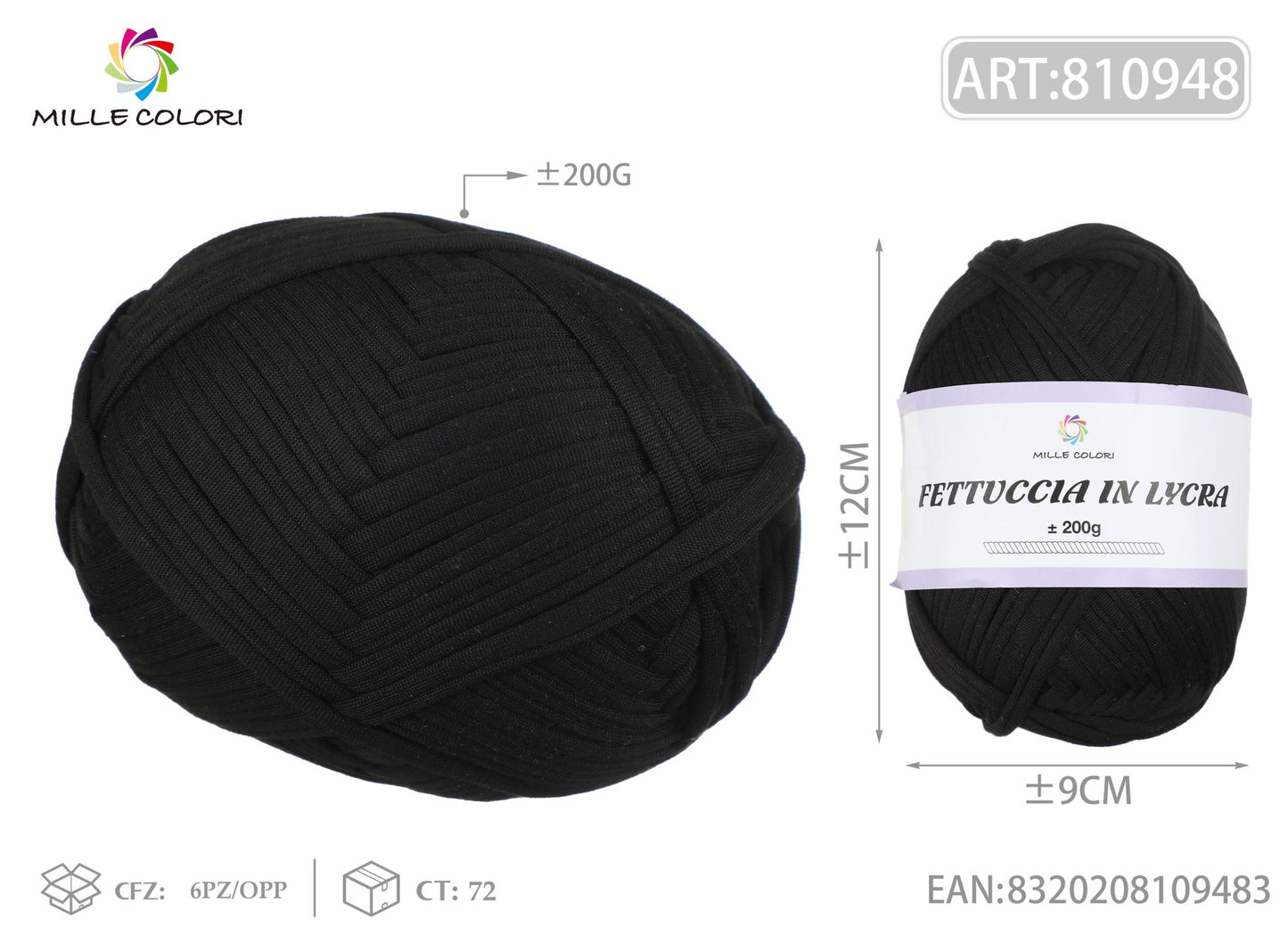 FETTUCCIA IN LYCRA 200G NERO - WE MAKE DIY - MILLE COLORI