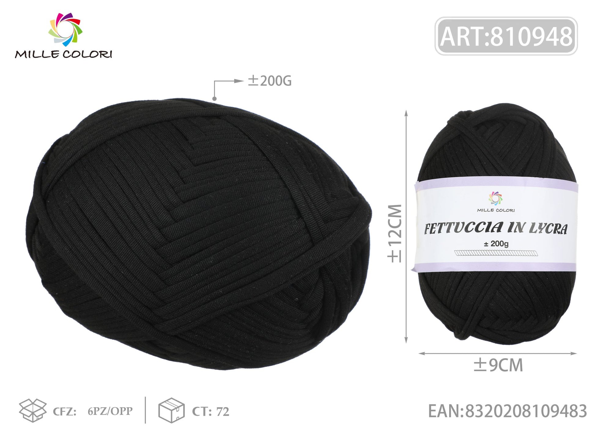 FETTUCCIA IN LYCRA 200G NERO - WE MAKE DIY - MILLE COLORI
