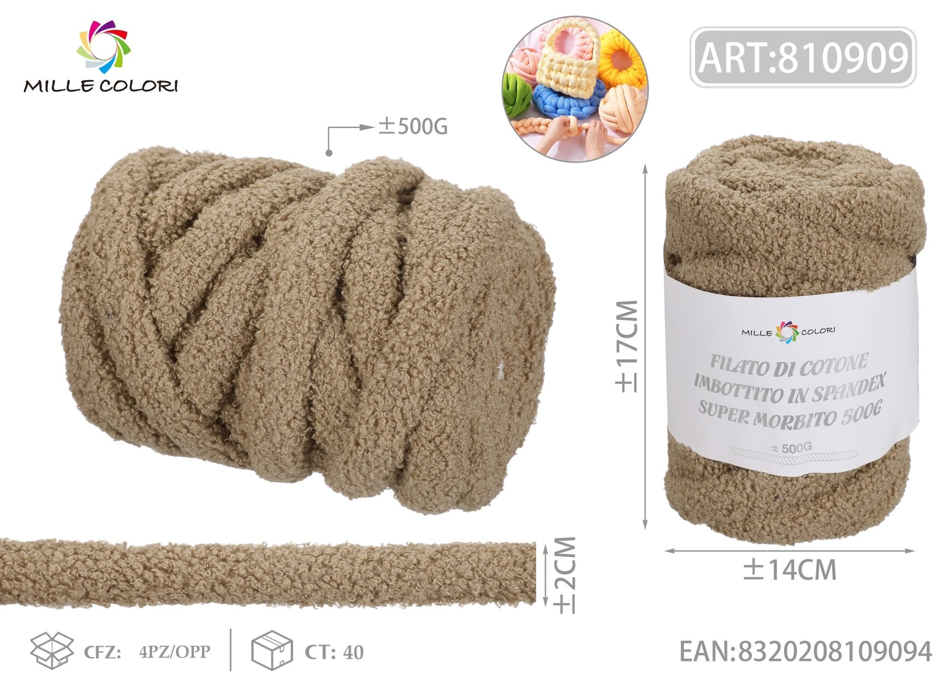 FILATO DI COTONE IMBOTTITO IN PELUCHE COCCOLOSO 500G Cammello - WE MAKE DIY - MILLE COLORI