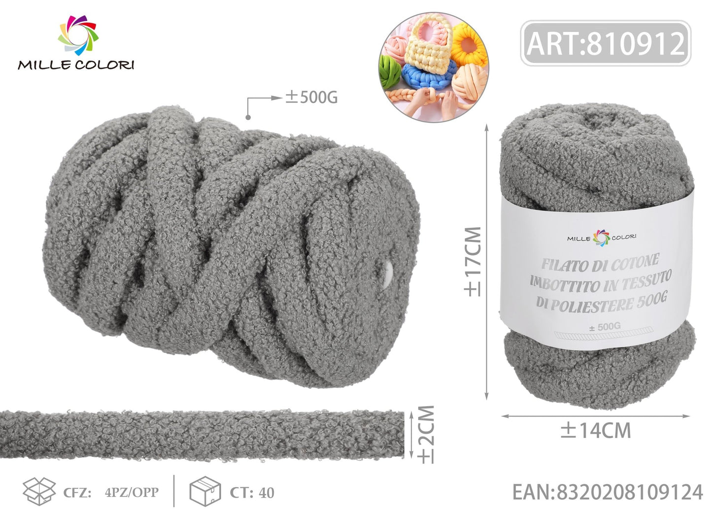 Filato Marshmellow Peluche 500g Grigio Mille Colori per borse handmade