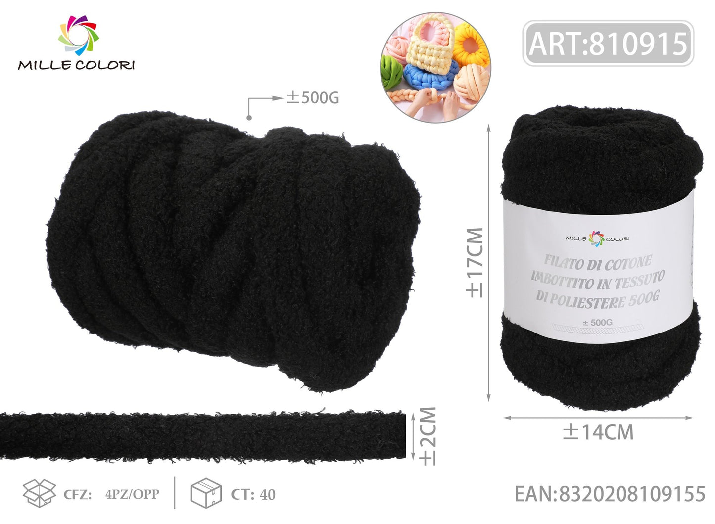 Filato Marshmellow Peluche 500g Nero Mille Colori per borse handmade