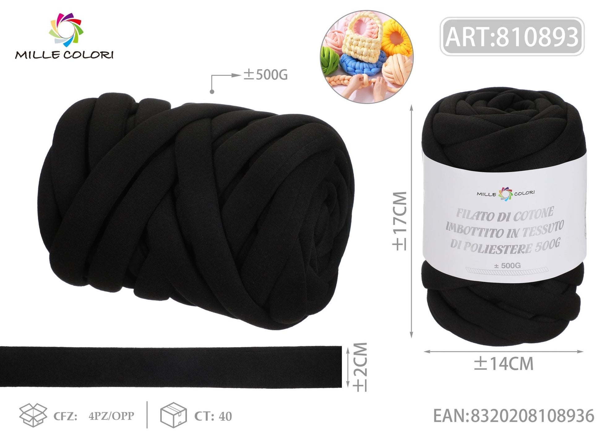 Filato Marshmellow 500g Nero Mille Colori per borse handmade