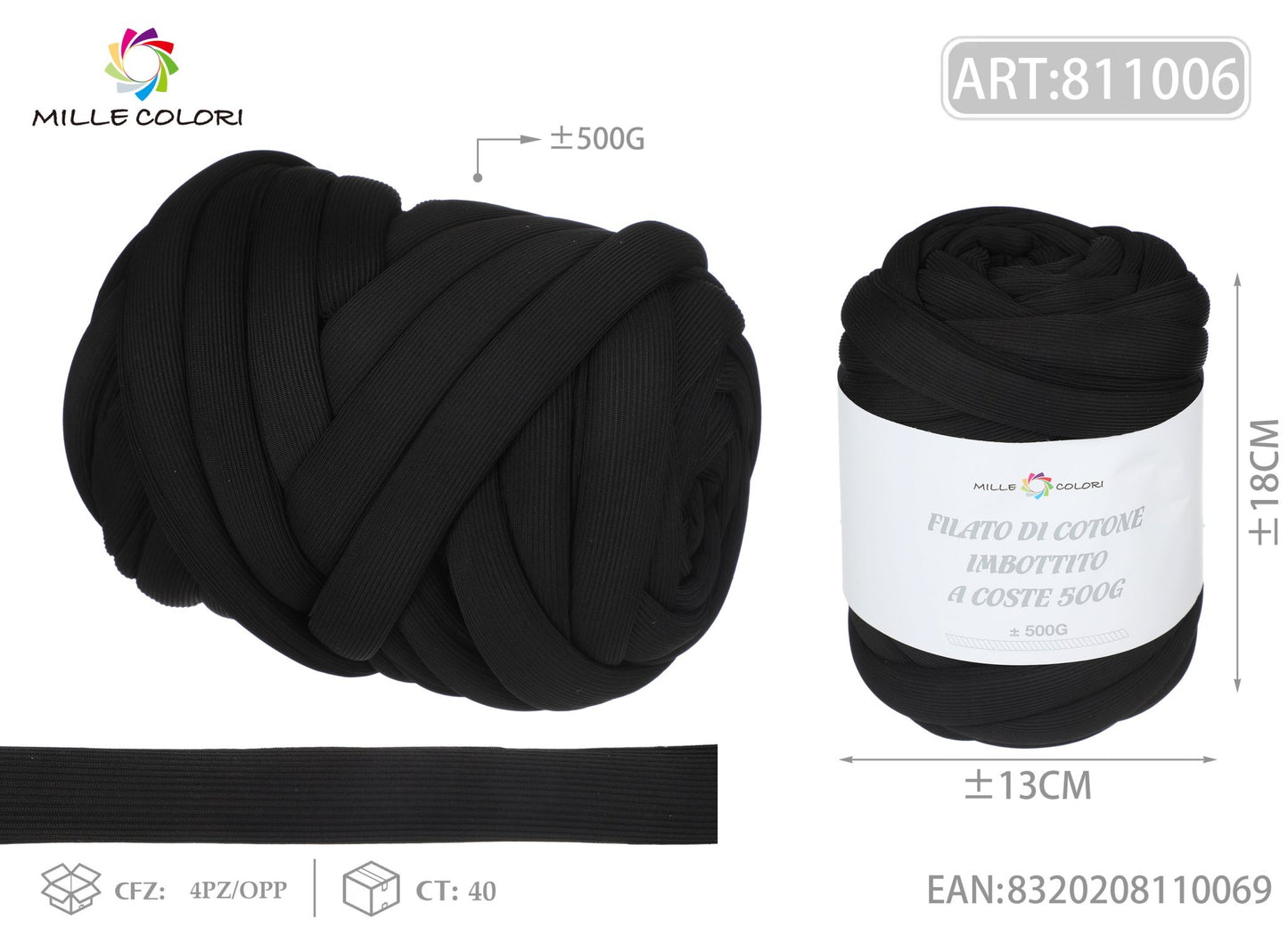 Filato Marshmallow a Coste 500g Nero per Borse – Mille Colori - WE MAKE DIY - MILLE COLORI