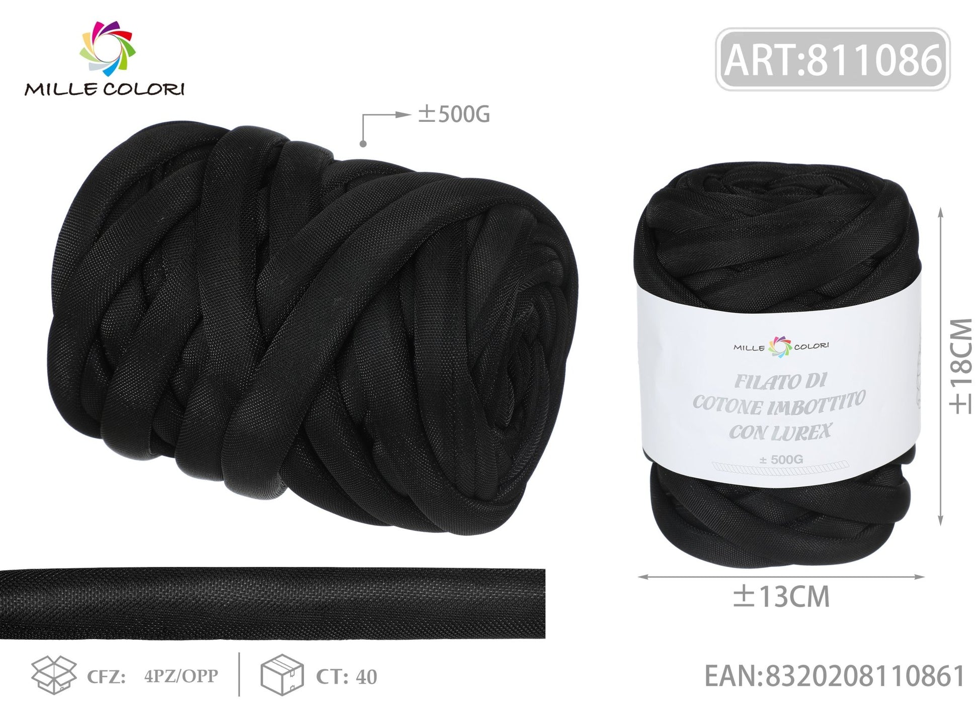 FILATO MARSHMALLOW COTONE IMBOTTITO CON LUREX MESH 500G NERO - MILLE COLORI - WE MAKE DIY - MILLE COLORI