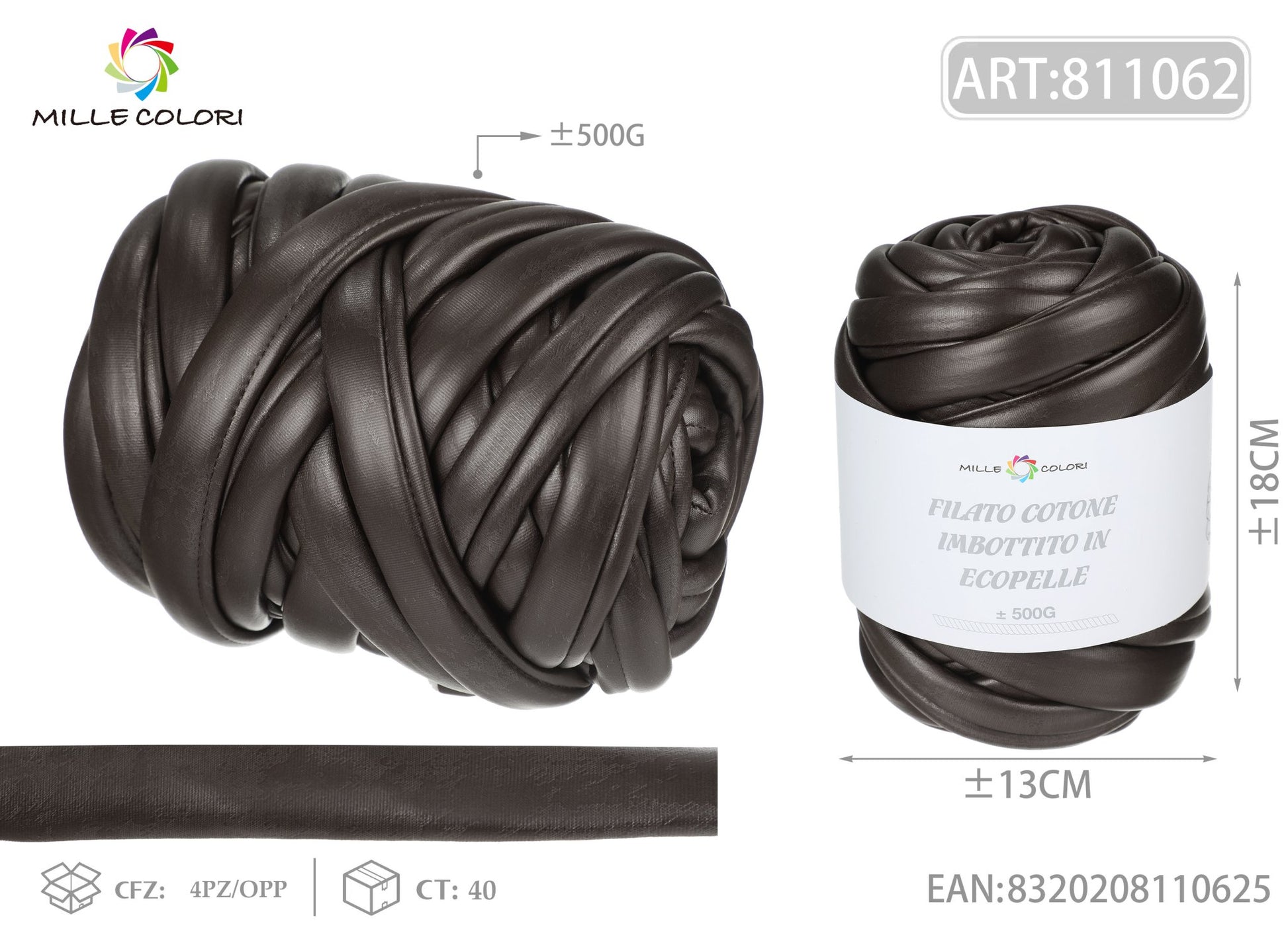 FILATO MARSHMALLOW COTONE IMBOTTITO IN ECOPELLE 500G MARRONE SCURO - MILLE COLORI - WE MAKE DIY - MILLE COLORI