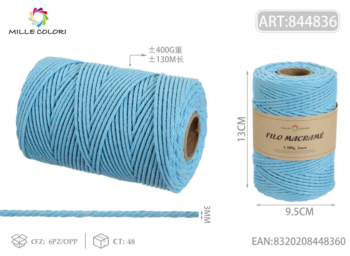 Azzurro – Filo Macrame 3 mm 400 g/130 m – Tutti i Colori – Immagine 1 di 4