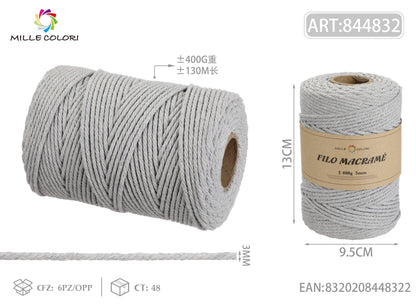 Grigio – Filo Macrame 3 mm 400 g/130 m – Tutti i Colori – Immagine 1 di 4