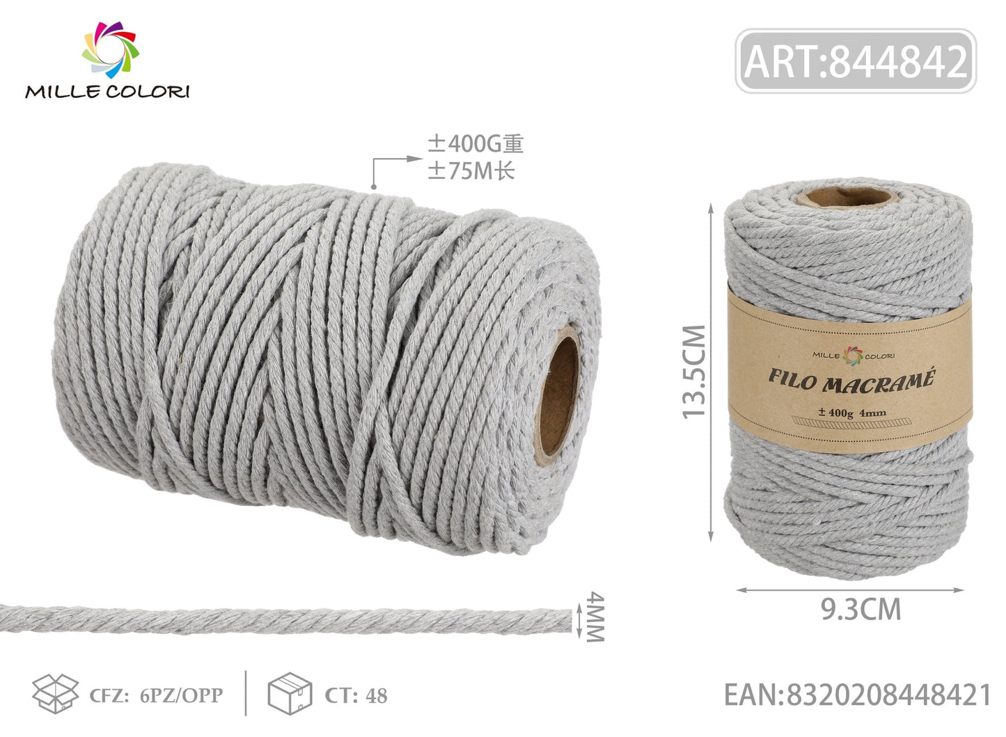 FILO MACRAME 400g GRIGIO - WE MAKE DIY - MILLE COLORI