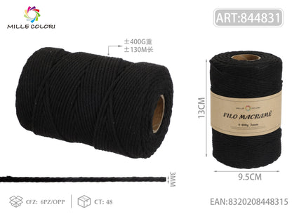 Nero – Filo Macrame 3 mm 400 g/130 m – Tutti i Colori – Immagine 1 di 4