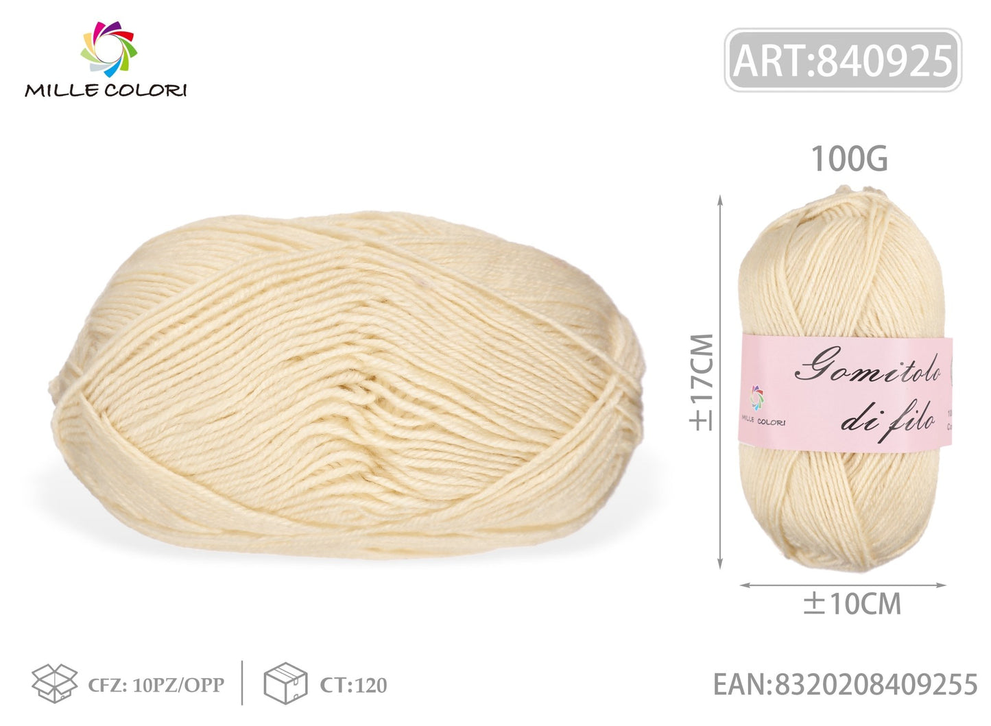 Gomitolo di filato 100G beige grosse Mille Colori per maglia e uncinetto