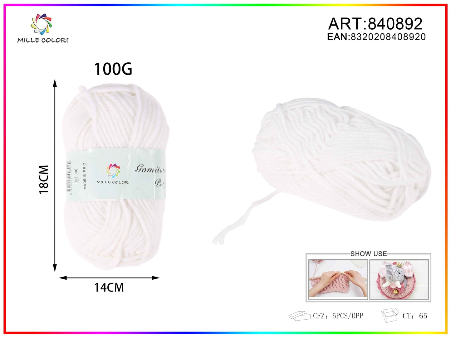 Gomitolo di filato 100G bianco Mille Colori per maglia e uncinetto